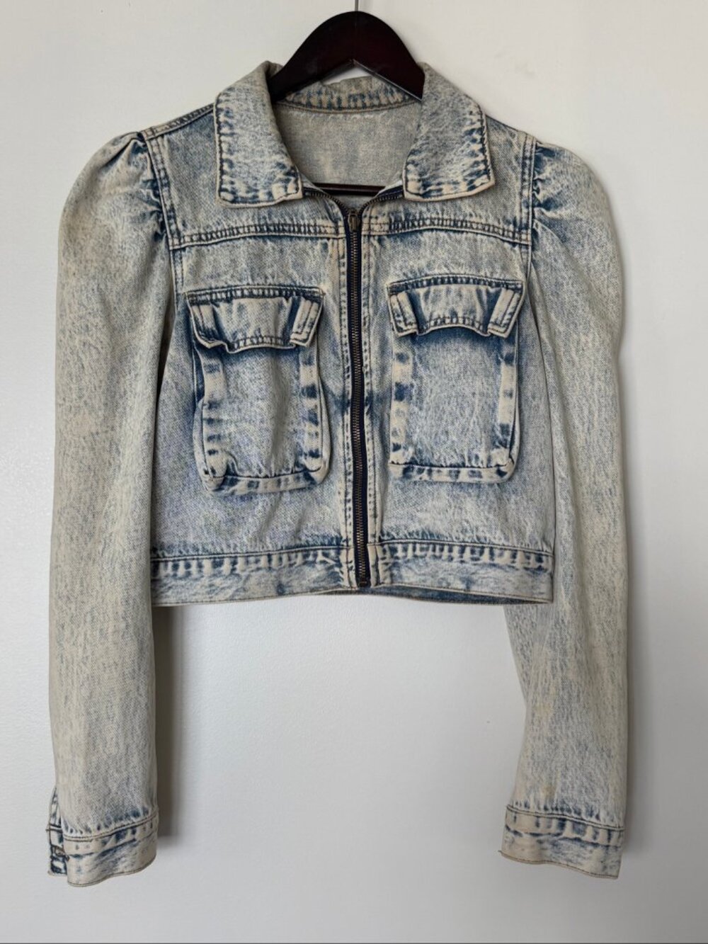 Acid Wash Denim Jacket Zip Front Cropped Size S